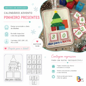Bordado advento pinheiro presentes em feltro ITH com pinheiro e presentes embaixo bastidor 13x18cm