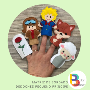 Dedoches Pequeno Príncipe bordado em feltro com Príncipe Piloto Raposinha Ovelha e Rosa bastidor 13x18cm