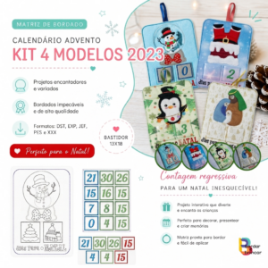 Bordado advento kit 2023 com 4 modelos ITH pinguim boneco de neve e noel em feltro bastidor 13x18cm