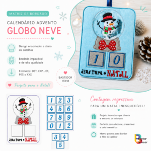 Bordado advento boneco neve natal em feltro ITH com tema da imagem e números bastidor 13x18cm
