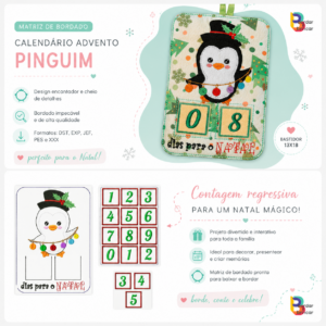 Bordado advento pinguim natal em feltro ITH com tema da imagem e números bastidor 13x18cm
