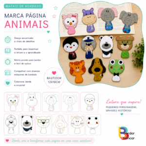 Marca página bordado animais coleção 1 em aplique feltro bastidor 13x18cm