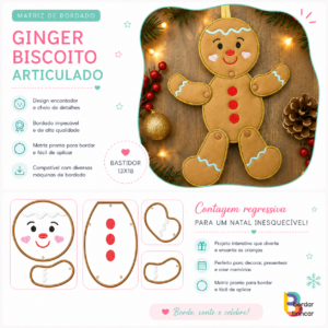Bordado ginger biscoito articulado em feltro com botão pressão para montar e desmontar decoração natalina