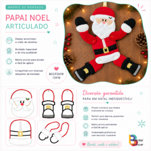 Bordado Noel articulado natal em feltro Papai Noel com braços e pernas articulados botão pressão bastidor 13x18cm